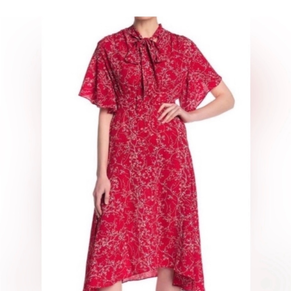 Max Studio Red Short Flutter Sleeve Sleeve Midi Dress With Tie Neck